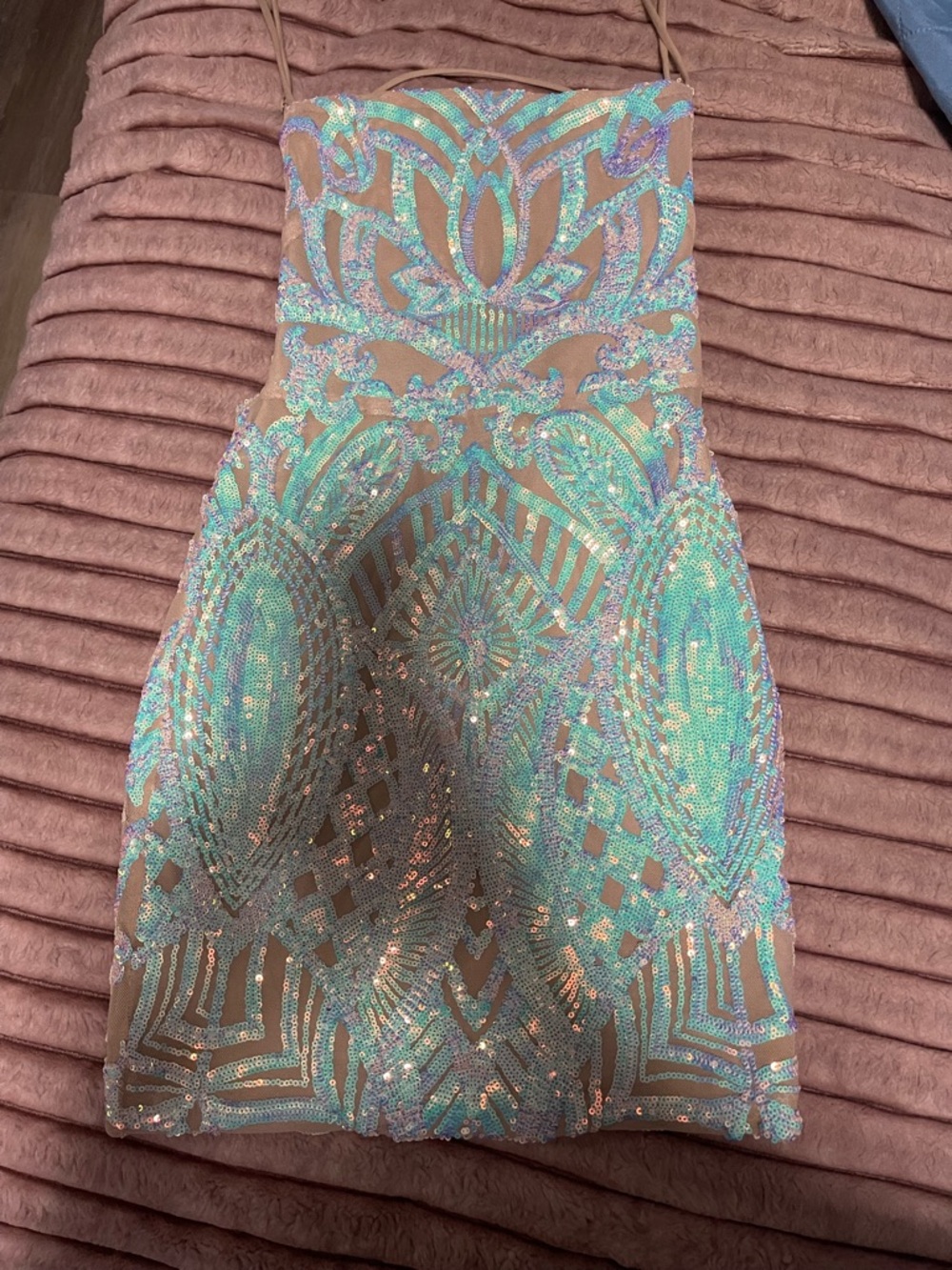 Lucy in the Sky Iridescent Sequin Dress in Aqua & Pink